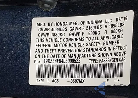 2020 Honda Insight Touring z USA, uszkodzony, nr VIN 19XZE4F94LE000522